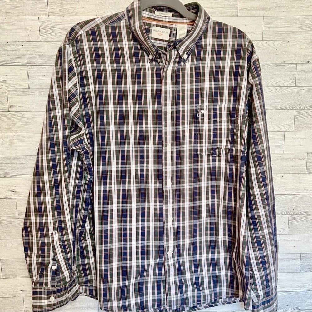 Dockers Mens XL Classic Fit Plaid Button Down Shirt Green Navy Blue Long Sleeve